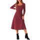 thumbnail image 2 of Vestido de suéter de punto para mujer Inspire Chic con cuello cuadrado, decoración de botones, vestido midi acampanado con bolsillos en burdeos, talla L, 2 of 6