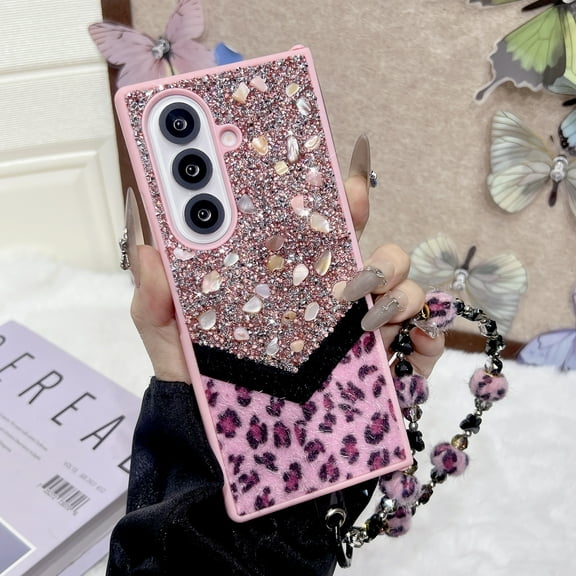 Designed for Samsung Galaxy Z Fold 7 Fluffy Leopard Case, Hard Protection Shockproof Anti-Drop Case, Cute Leopard Pattern Glitter Stone Bling Cover with Leopard Beaded Strap for Women Girls, Pink