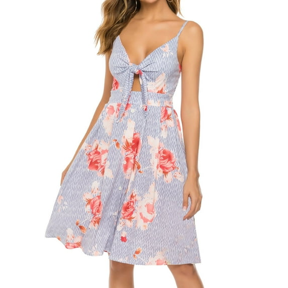 FANCYINN Women's Tie Front Summer Midi Dress V Neck Floral Print Button Down Spaghetti Strap Dress Striped Flower M