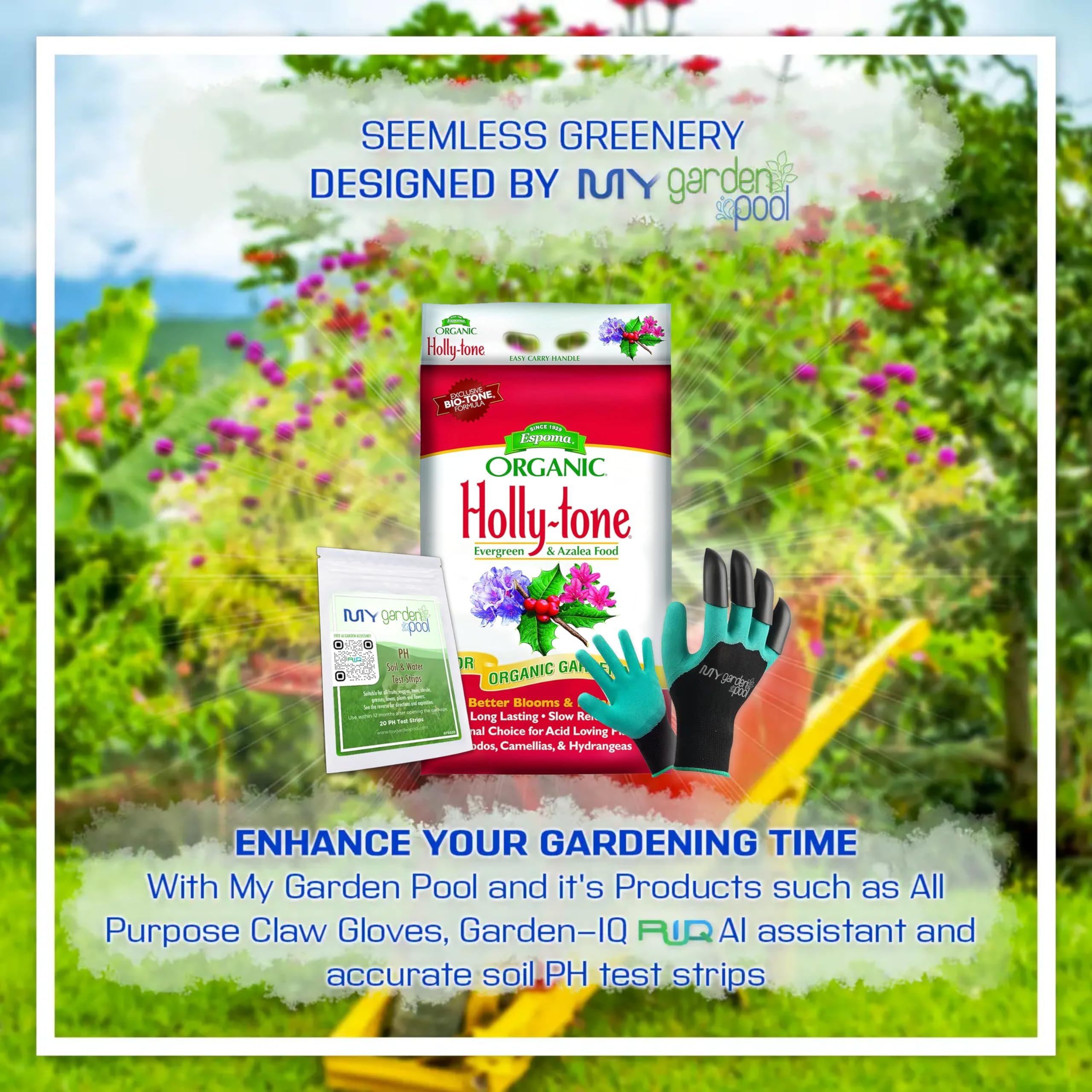 Espoma HT18 Organic Holly-Tone 4-3-4; 18 lb. Bag Evergreen & Azalea Plant Food; with My Garden Pool PH Soil Test Strips 20 ct, and Gardening Claw Gloves and Garden-IQ, Smart Gardening AI Assistant!