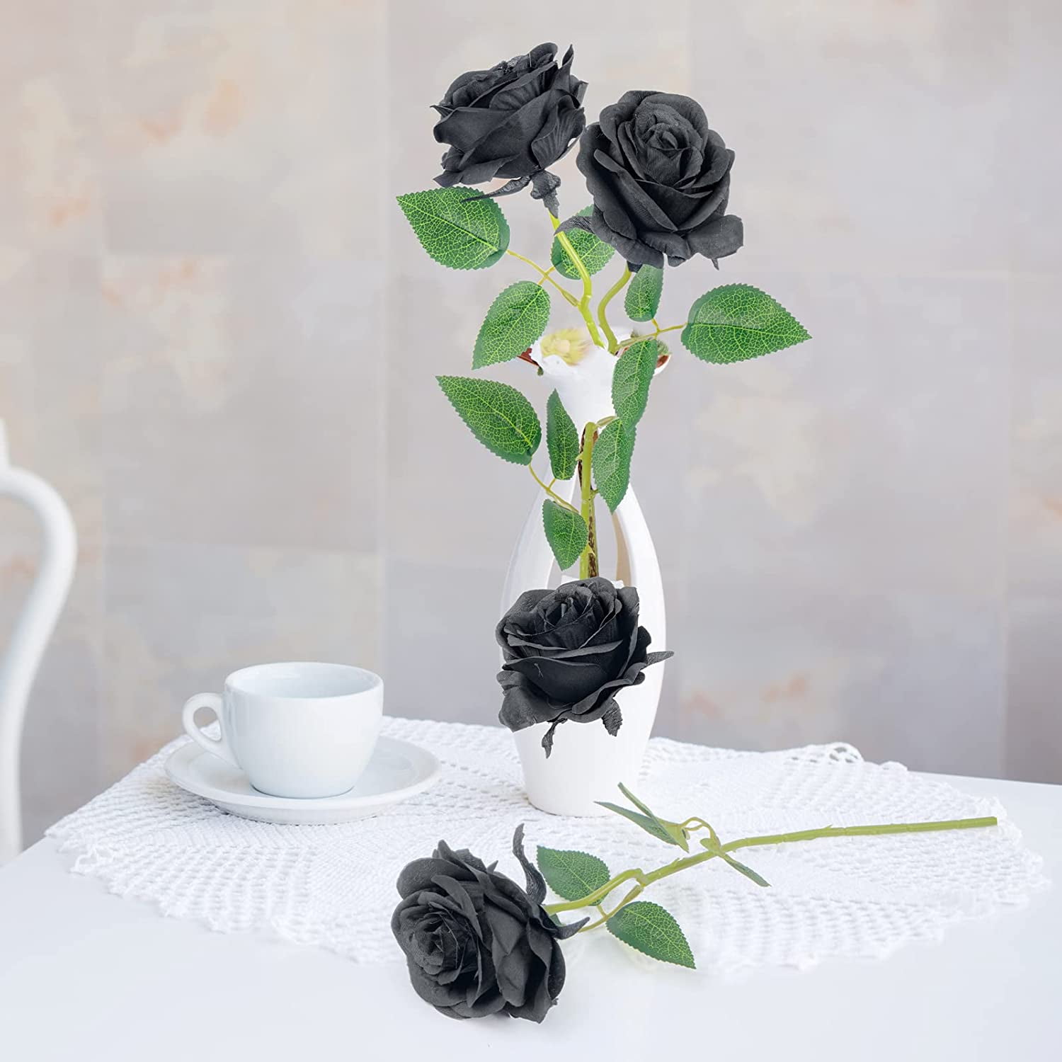 ZOELNIC 24Pcs Rose Artificial Flowers, Black Fake Roses Realistic Silk Roses with Single Stems, Faux Roses Bouquet for Wedding Centerpieces Bridal Shower Party Home Table Decorations