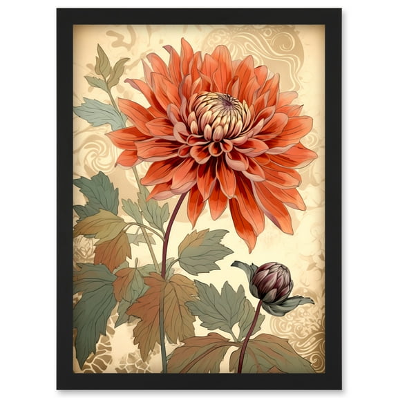 Pastel Colour Orange Dahlia Flower with Patterns Artwork Framed Wall Art Print A4