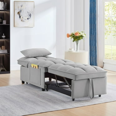 4 in1 Multi-Function Single Sofa Bed with Storage Pockets,Tufted Single Pull-out Sofa Bed with Adjustable Backrest and Pillows ,Convertible Chaise Lounge,Gray
