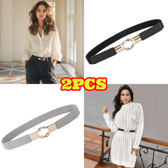 2pcs Women's Retro Elastic Stretchy Belt, 1 inch Wide Metal Buckle Skinny Waist Belt, Black & Gray