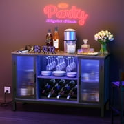Bar Cabinet with LED Lights, BUG HULL Coffee Bar Cabinet with Power Outlets, Home Bar Wine Cabinet with Wine Rack and Glass Holder for Kitchen, Living Room, Dining Room, Gray