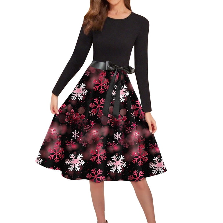 QSAWXQZ Christmas Dresses for Women Round Neck Long Sleeve Knee Length Evening Prom Dress Hot Pink S, Women's, Size: Small