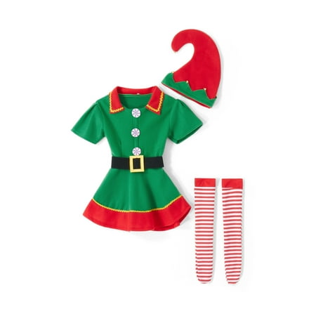 Four Pieces Christmas Family Cosplay Dress Elf Costume for Parents and Child with Hat Belt Socks