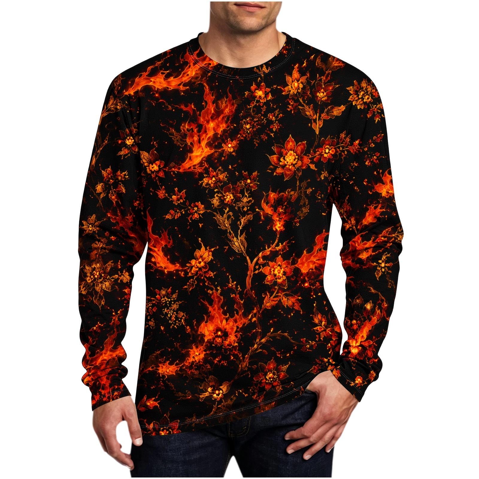 YOIAVAIOY Mens Long Sleeve Fashion T-shirts Halloween Graphic Shirts Lightweight Oversized Tee Shirt Casual Party Pullovers Black XXL