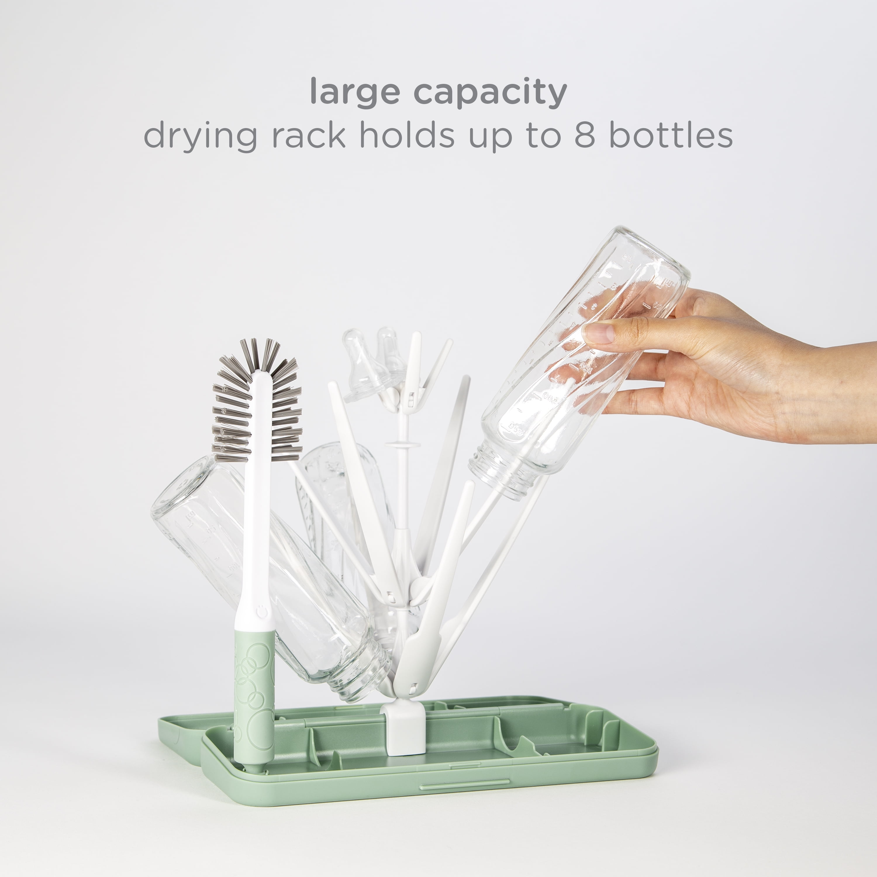 Ubbi On-the-Go Drying Rack and Brush Set, Includes Travel Case and Bottle Brush, Holds up to 8 Bottles, Sage