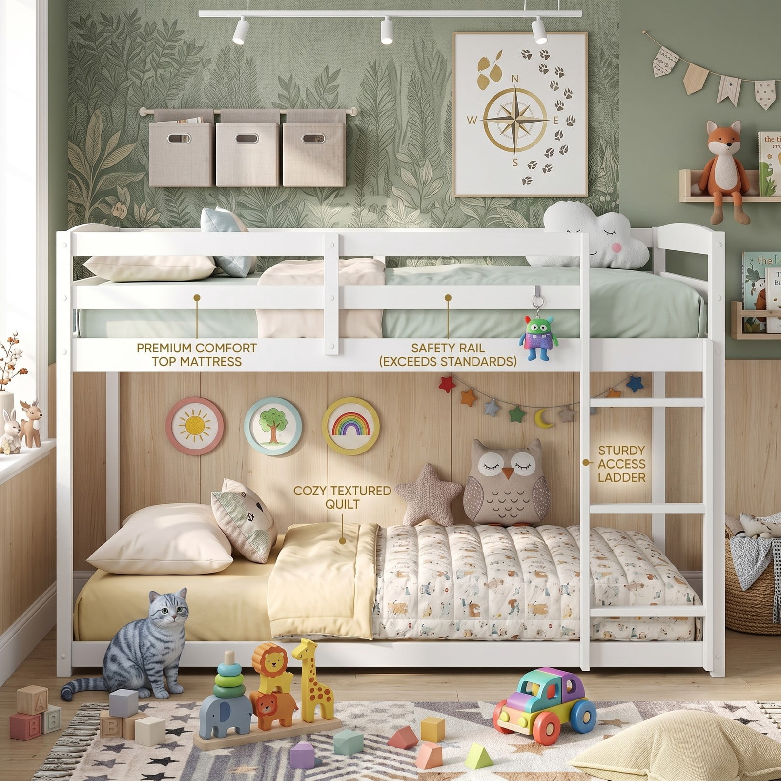 Furnibear Low-to-ground Full Over Full Wood Bunk Bed with Integrated Ladder and Safety Guardrails for Kids Shared Rooms, White