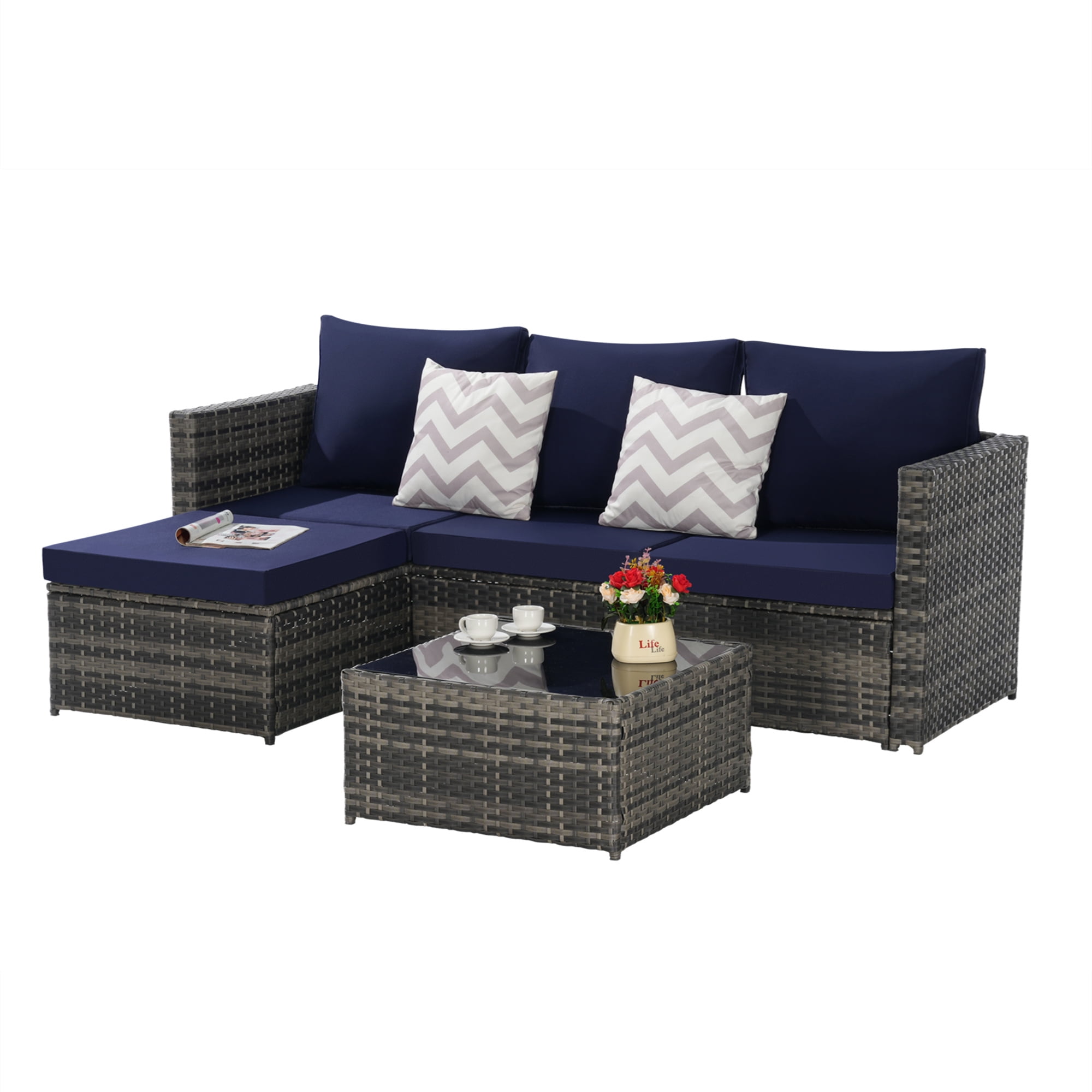 Aukfa Outdoor Patio Furniture Set - L shape Wicker Sectional Sofa with Coffee Table - Navy Blue Cushions
