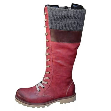 

jsaierl Womens Lace-Up Leather Round Toe Low-heeled Keep Warm Shoes Cowboy Knight Boots