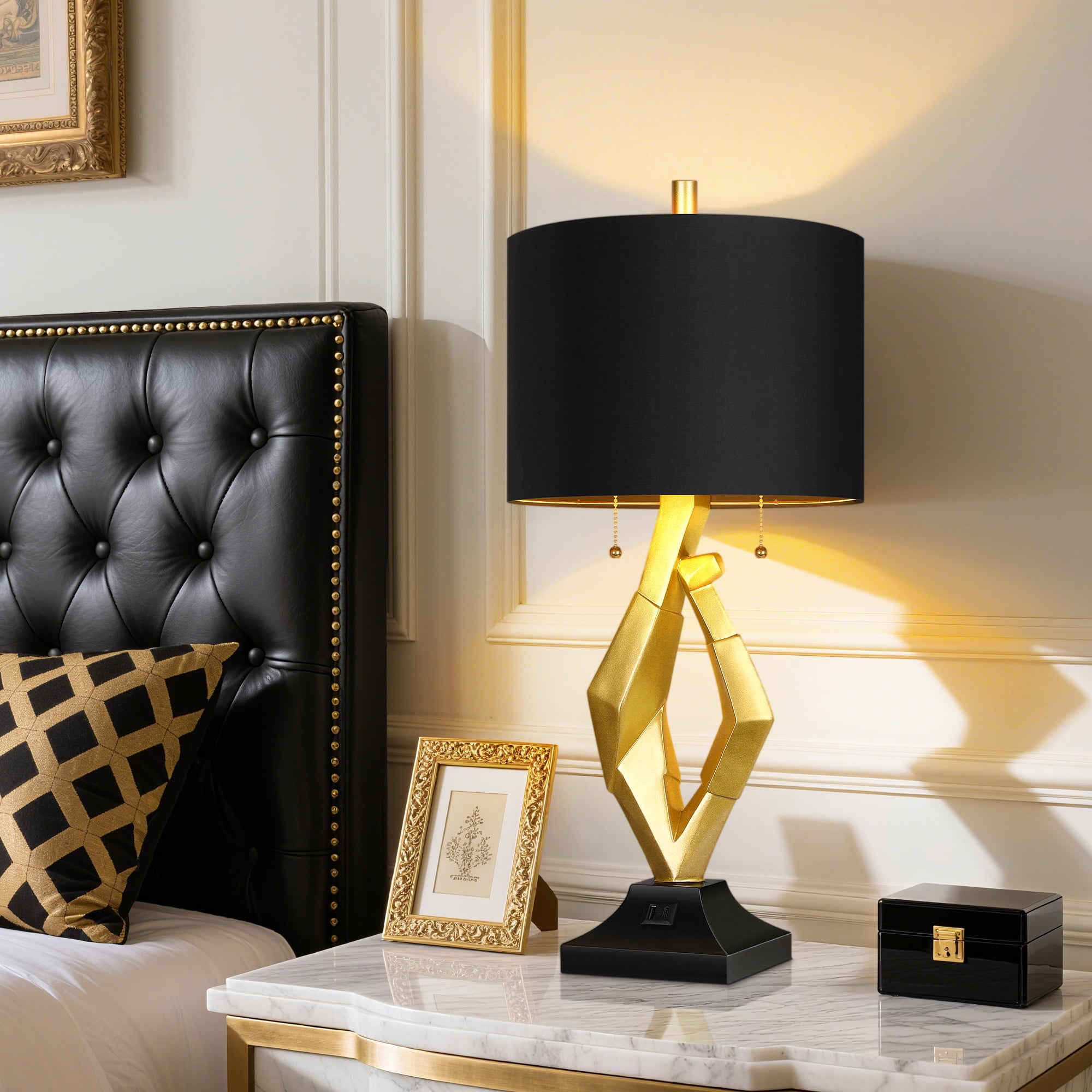 25.5in Gold Nightstand Resin Lamps with Black Shades, Contemporary Table Lamps for Bedside End Tables, 4 Bulbs Included (Gold)