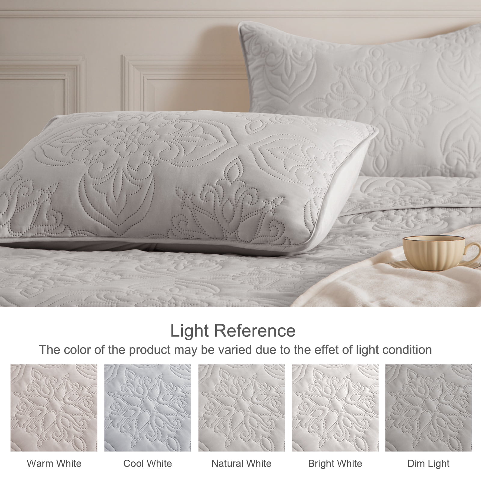 Whale Flotilla Soft Twin Quilt Bedding Set for All Seasons, Elegant Vintage Damask Ultrasonic Quilts Set, Lightweight Reversible Bedspread, Coverlet, Bed Cover with 1 Pillow Sham, Light Grey