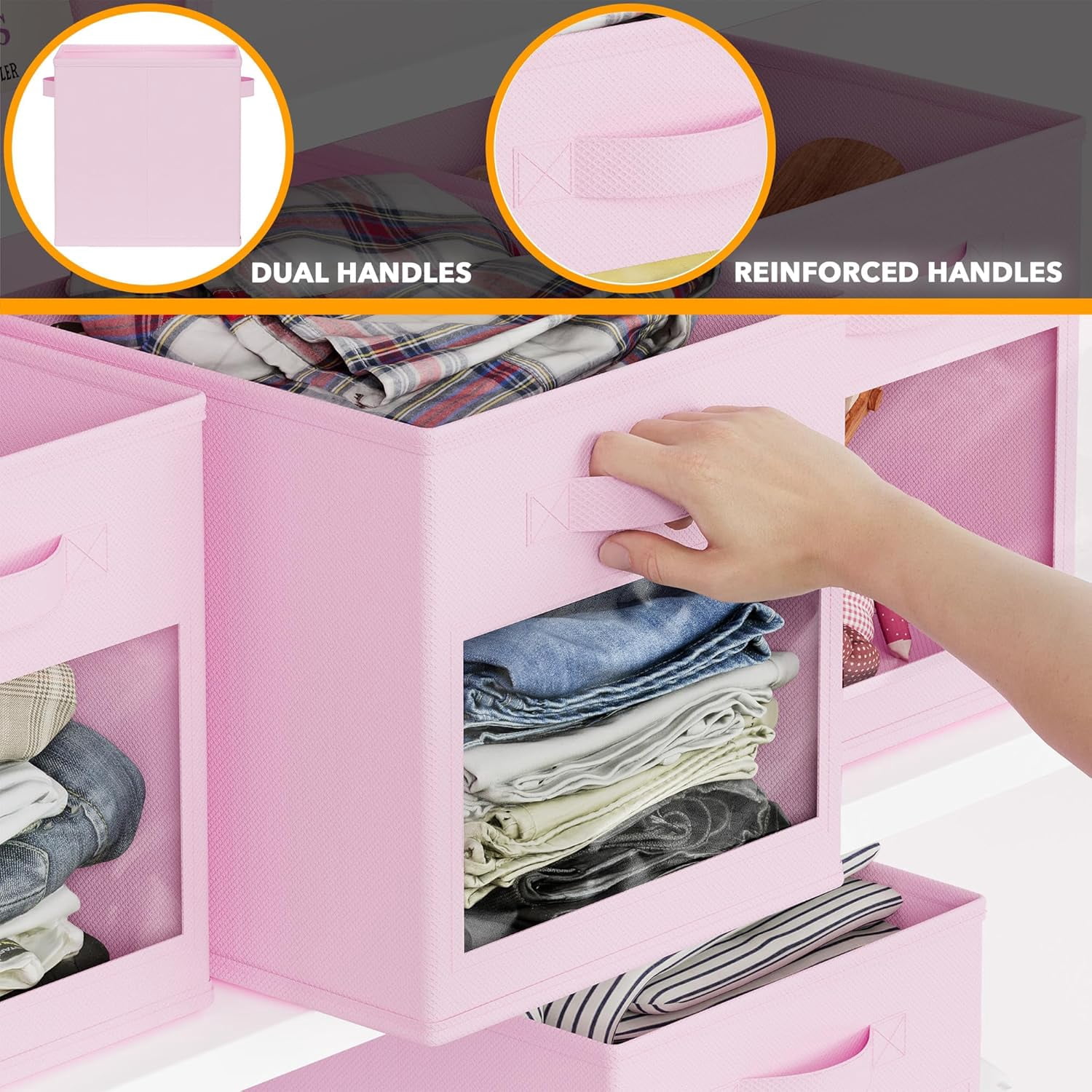 SpaceAid Storage Cubes with Clear Windows, Set of 6 Fabric Bins, 11 Inch, Pink