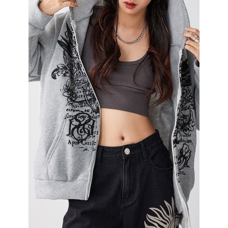Women Y2K Zip Up Hoodies Grunge Graphic Sweatshirt Jacket Goth