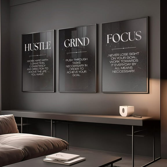 UNFFRAMED Luvia Set of 3 Motivational Wall Art Prints for Men, Masculine Gym Decor, Office Quotes, Black Poster Prints, Focus, Hustle, Grind Set 3 Prints 8x12