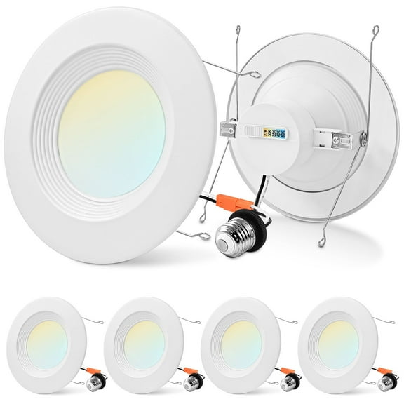 Luxrite 5/6" Retrofit LED Recessed Light, 17W=90W, 1500 Lumens, 5CCT, Dimmable, Wet Rated, Baffle Trim 4 Pack