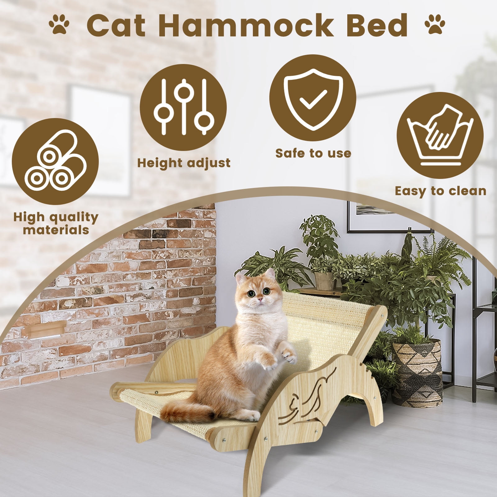 Threns Cat Hammock Bed Wooden Cat Bed Floor Standing Breathable Cat Chair,with Sisal Scratcher,Pet Resting Hammock, Gift for Cats and Small Dogs,15.21" x 13.65" x 11.31"
