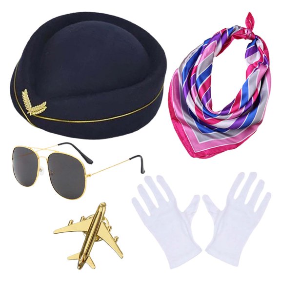 Wxolcjlv Flight Attendant Accessory Set Hat Scarf Sunglasses Glove Plane Brooch Role Play Dress Up Kits