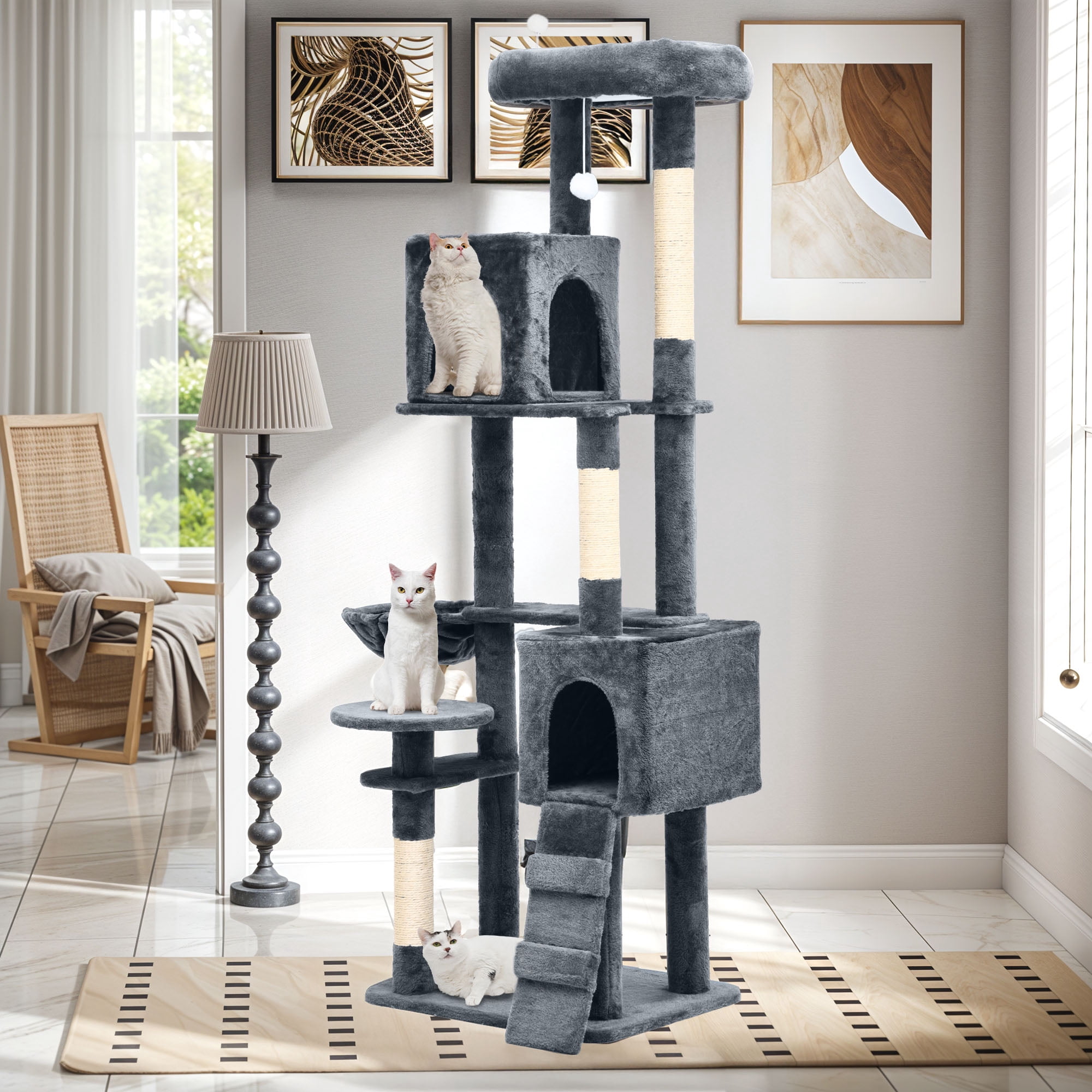 Uforic 70.8"Cat Tree Tower for Indoor Cats,Multi Level Play Tower Condo  with Scratching Posts&Cozy Basket, Dark Gray
