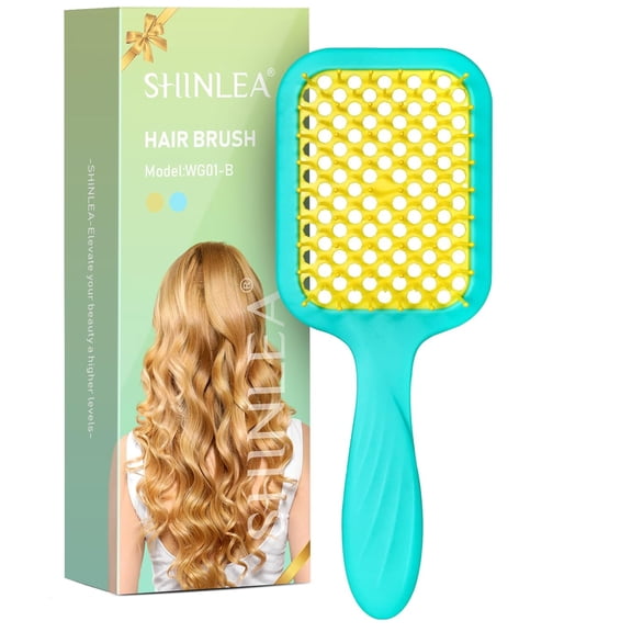 SHINLEA Curly Hair Detangling Brush with Soft Wave Bristles, Women Hairbrush for Thick Hair, Swimming, and Beach, Yellow Blue