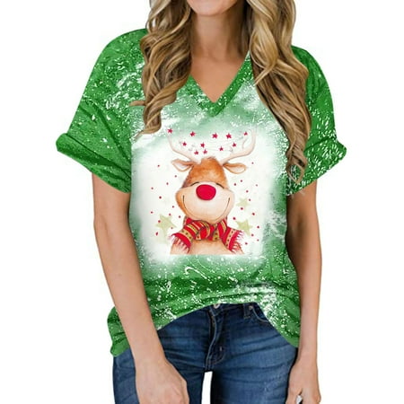 

Aueoeo Oversized Shirts for Women Womens Fall Tops Casual Women s Casual Loose Christmas Elk V-Neck Short Sleeve T-Shirts Men s Women s Tops