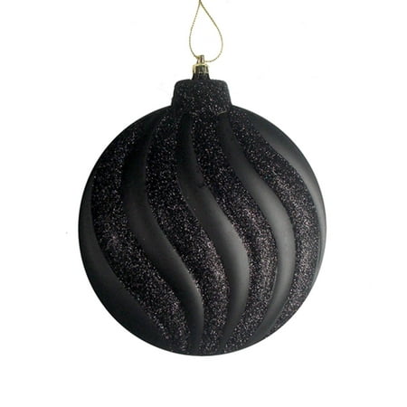 - 6ct Matte Jet Black Glitter Swirl Shatterproof Christmas Disc Ornaments 6.25