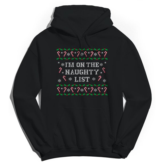 Christmas Holiday Naughty List Graphic Black Men's Cotton Pullover Hoodie