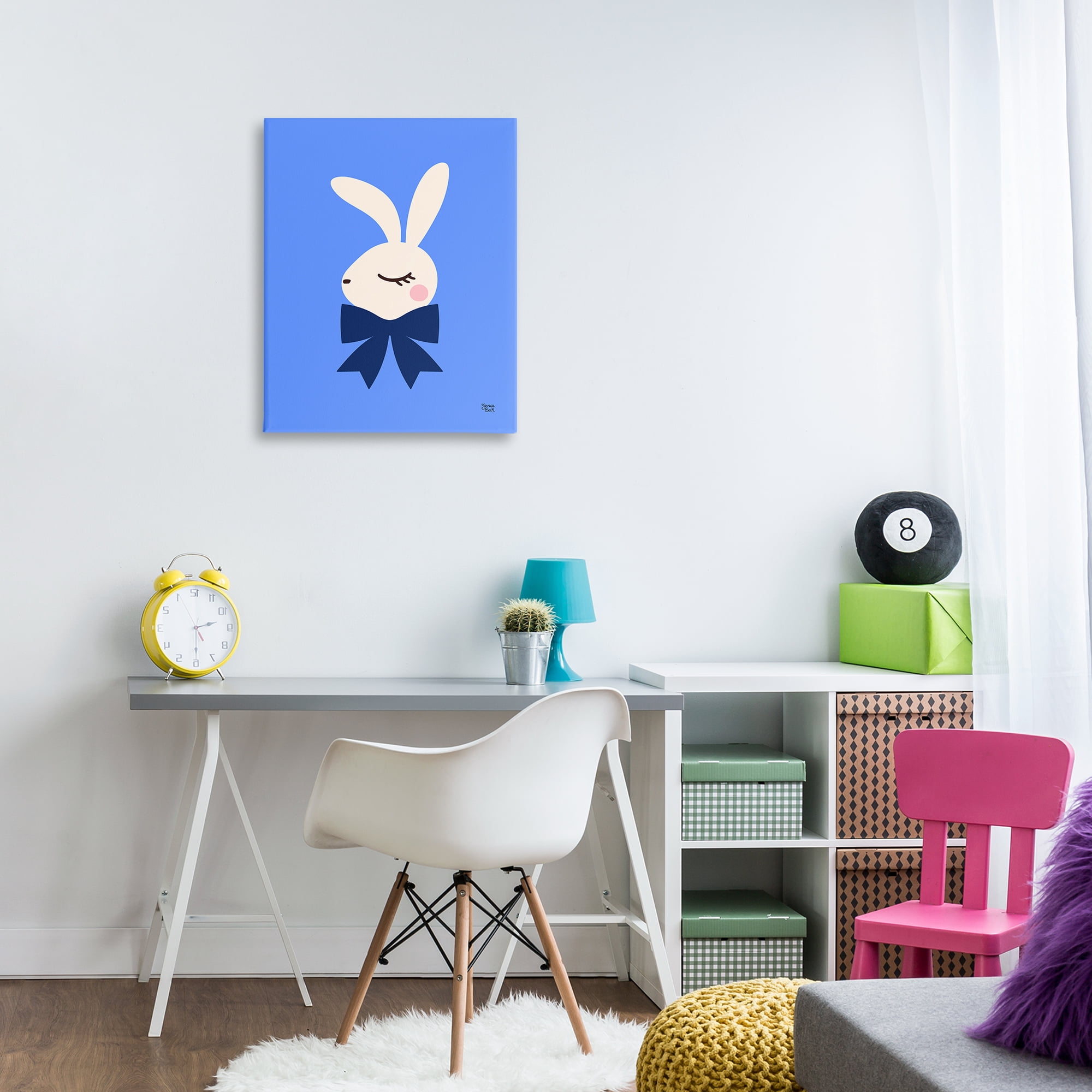Stupell Industries Rabbit with Ribbon on Blue Animals Painting Wrapped Canvas Art Print Wall Art, 24 x 30