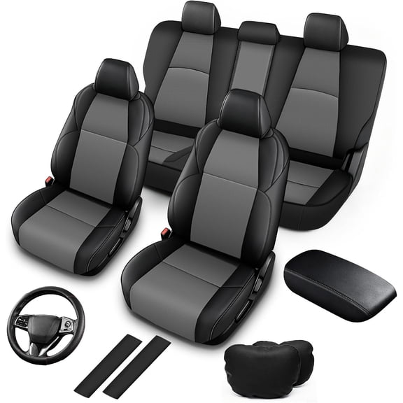 Custom Fit Faux Leather Seat Covers For Toyota Corolla SE XSE FX 2020-2026, Airbag Compatible 5-Piece Set with Armrest, Seat Belt, Steering Wheel & Headrest Covers, Black & Gray