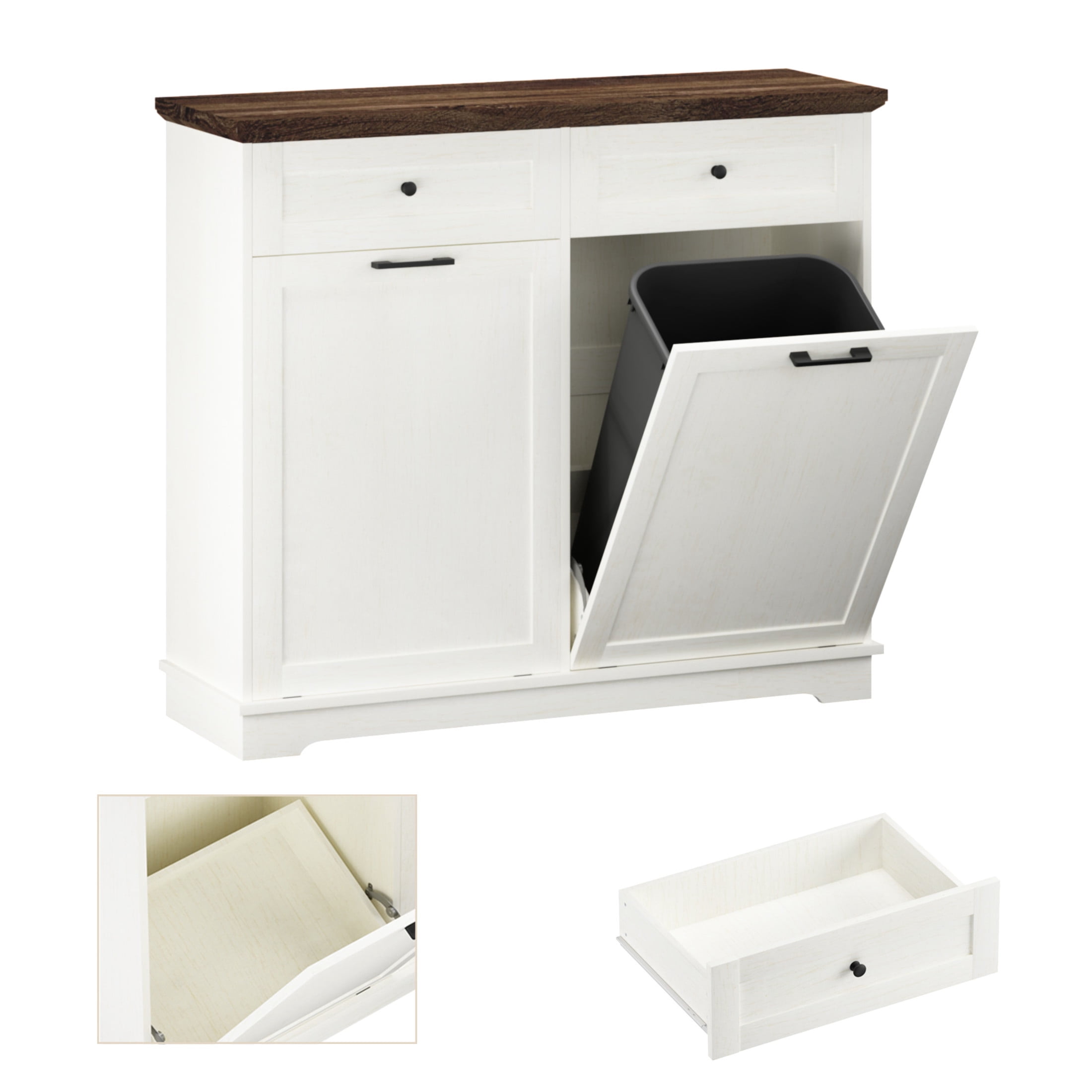 Noble House Double Tilt Out Trash Cabinet, 20 Gallon Freestanding Garbage Bin Holder with Drawer, Antique Brown & White