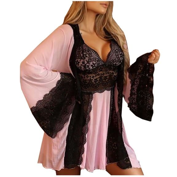 Lindreshi Womens Pajamas Sets Embroidered Lace Hollow Out Cross Backless Nightdress Pajamas Bath Robe