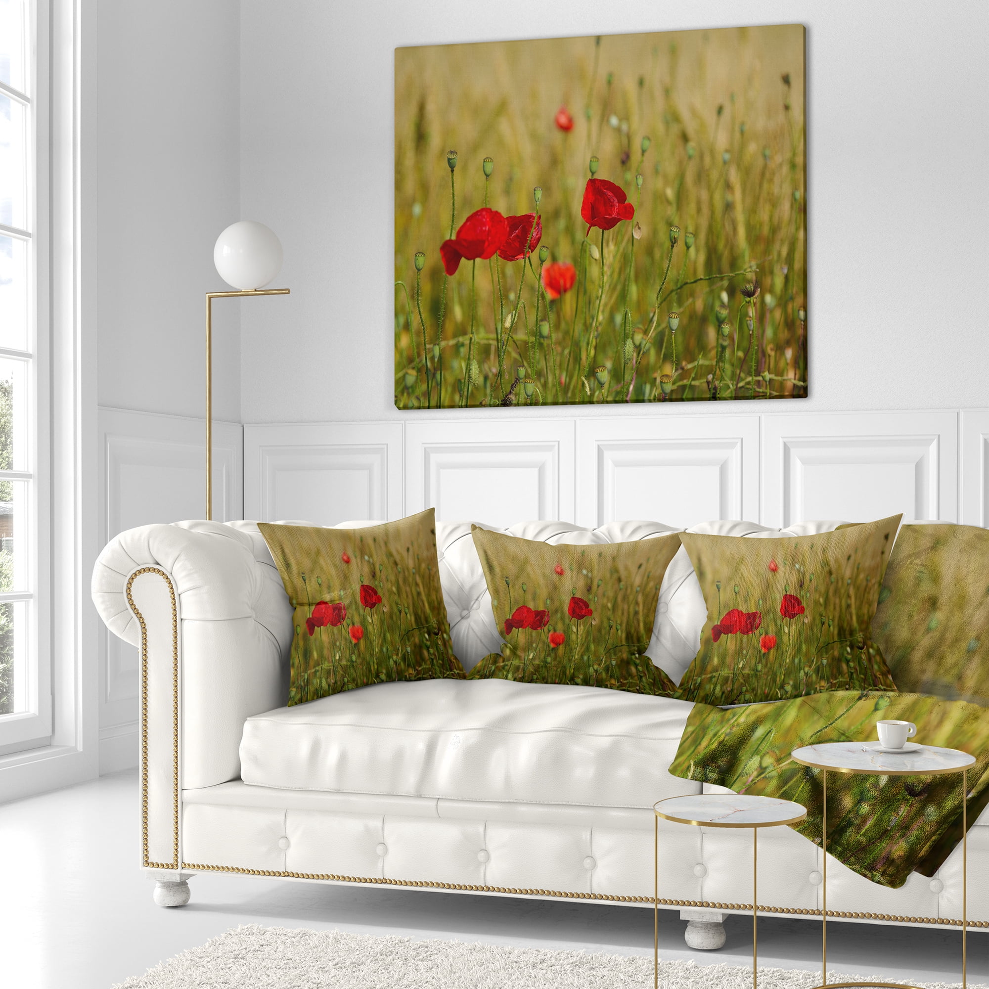 Designart Red Poppy Flower Field Background - Flower Throw Pillow - 16x16