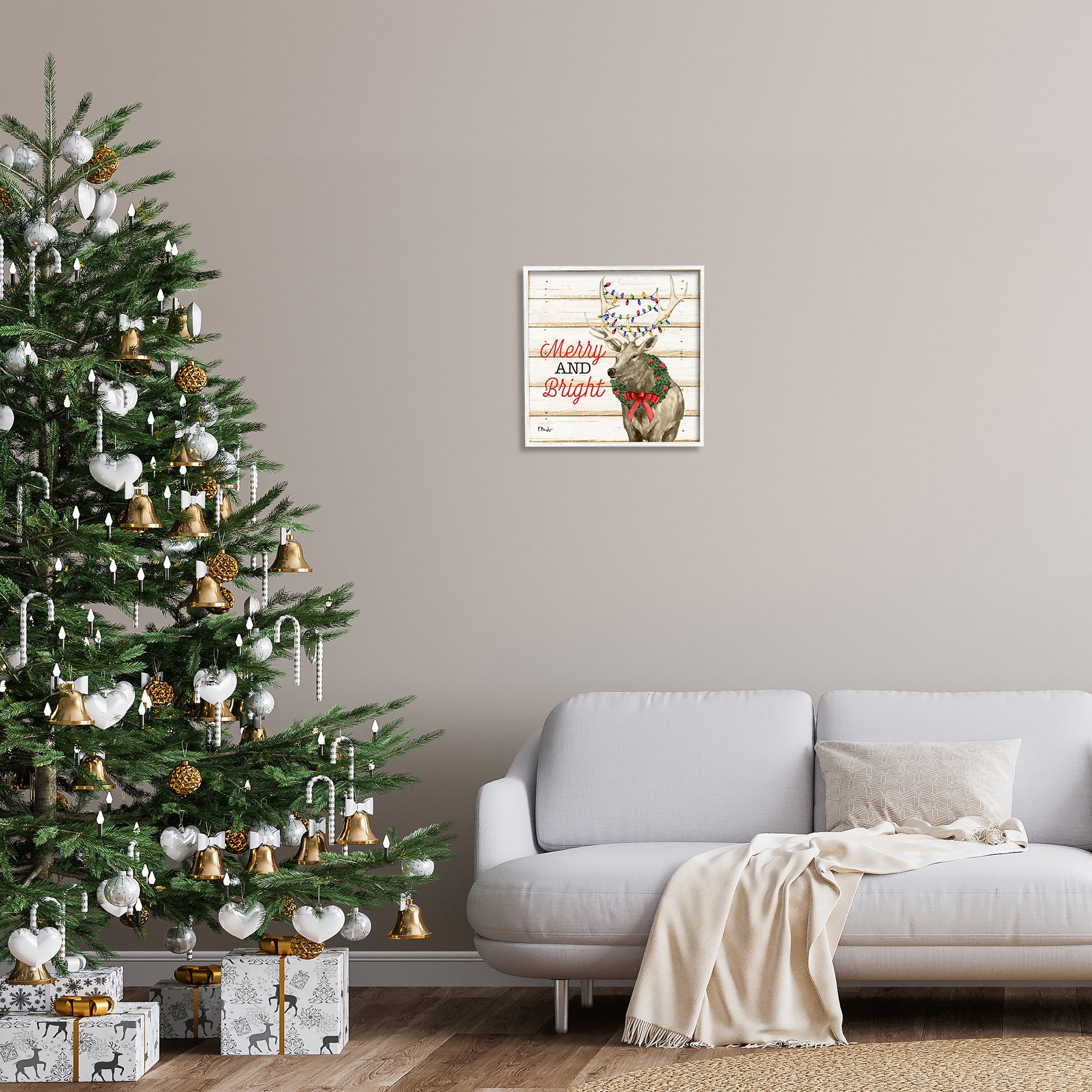 Stupell Industries Merry & Bright Deer Holiday Painting White Framed Art Print Wall Art, 17 x 17