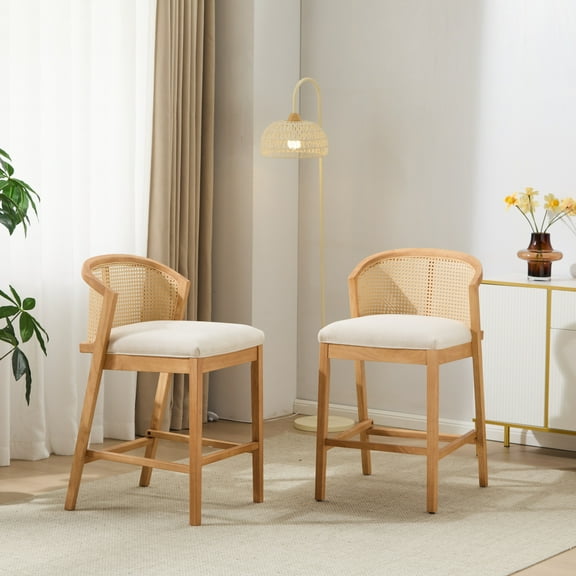 Christopher Knight Home Rustic 27" Count Height Bar Stools, Curved Rattan Backrest, Beige, Set of 2