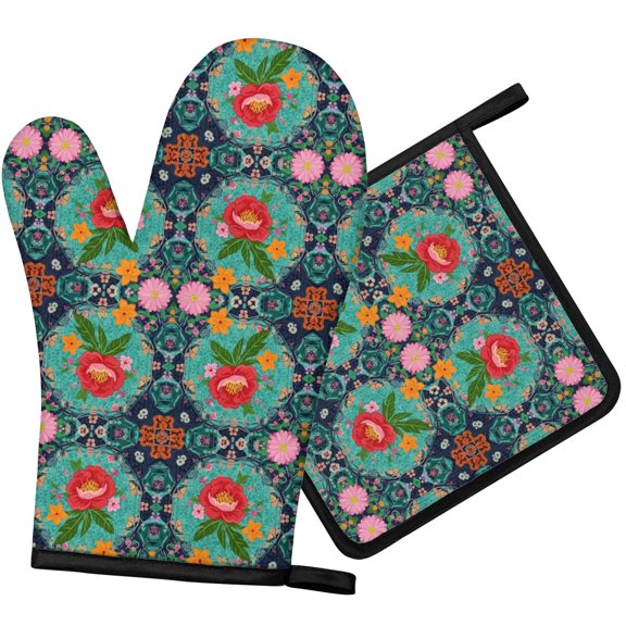 Pioneer Flower Floral Print Pattern 1-Pack Oven Mitts Set, Heat Resistant Kitchen Gloves, 7.7" X 12"
