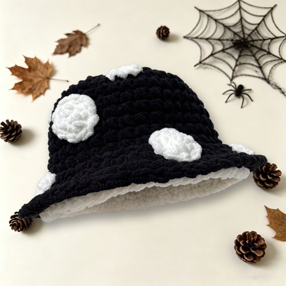 OOOUM Adult Mushroom Design Crochet Bucket Hat Handmade Knit Foldable Hat Soft Warm Outdoor Travel Sun Hat For Women Men Black