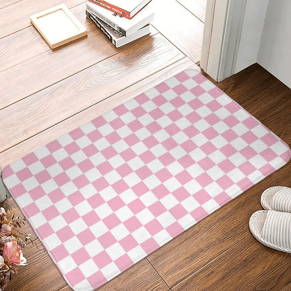 Front Door Mat Indoor Outdoor Outside Entrance - 16*24in Washable Pink Pastel Checkered Thin Bathroom Rugs Fit Under Door, Bath Rugs for Bathroom, Kitchen Rugs Mats for Floor