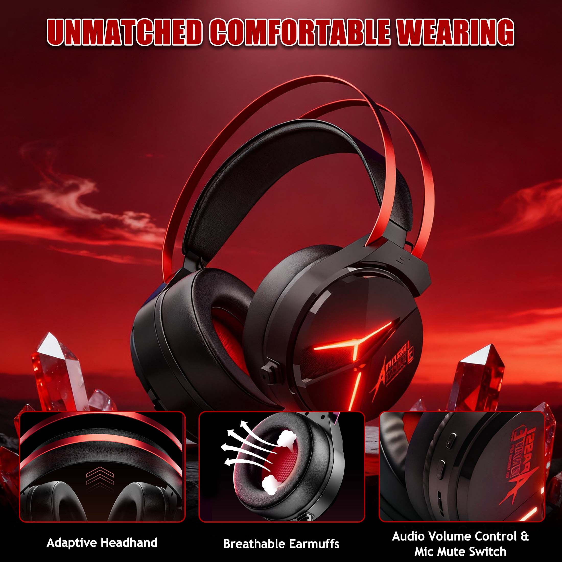 Wireless Gaming Headset with Mic, Bluetooth & 2.4GHz Over-Ear Headphone for PS5 PS4 Nintendo PC with Noise-Canceling Microphone & 7.1 Pro Surround Sound - Black Red