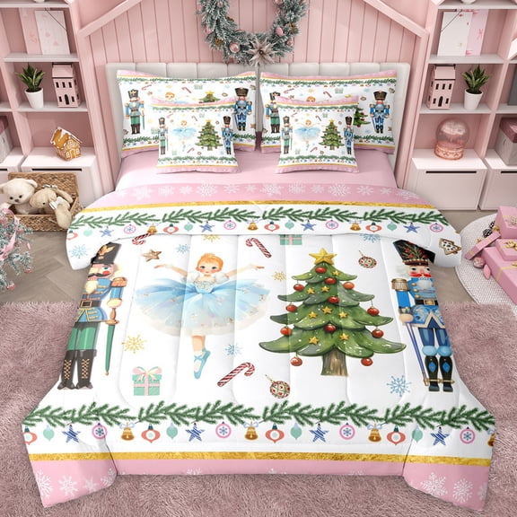 Manfei Dreamy Pink Princess Bedding Comforter Set 7pcs for Child, Magic Christmas Tree Queen Bedding Sets, Royal Nutcracker Guard Reversible Queen Sheet Sets, Microfiber Bedroom Decor