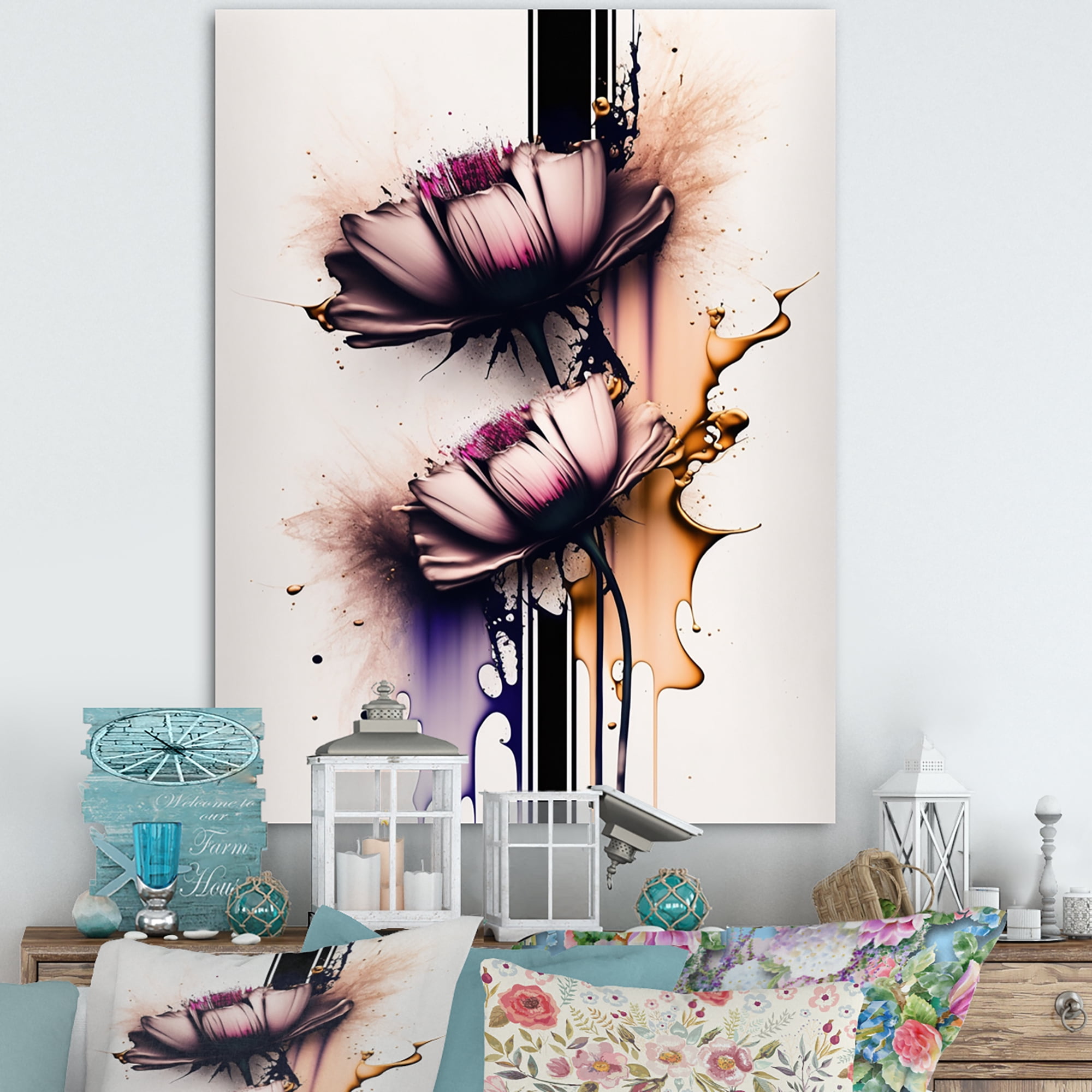 Designart Pink Daisy Flower On Abstract Fusion I Canvas Wall Art