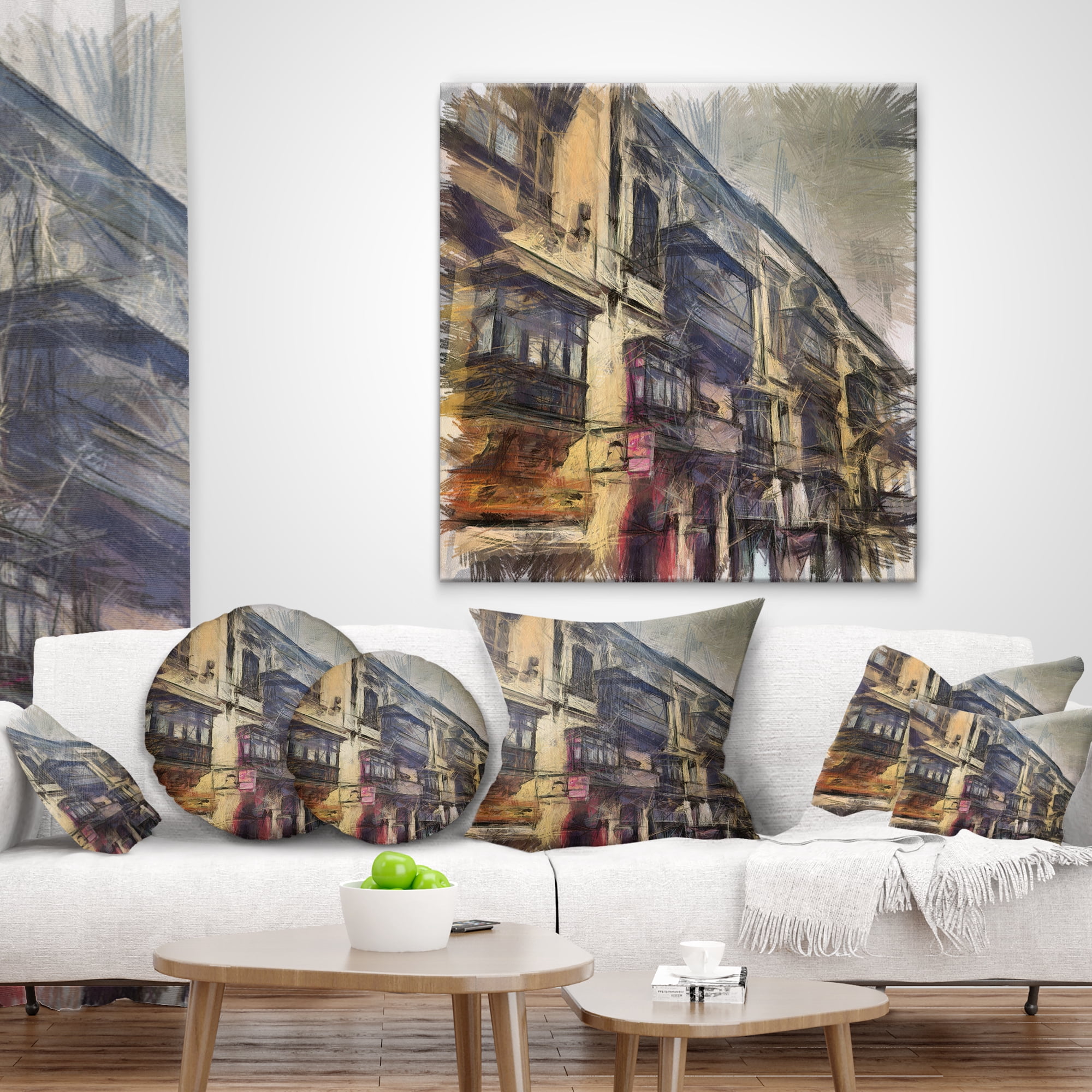 Designart Old City Street Watercolor Painting - Cityscape Throw Pillow - 12x20