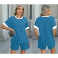 thumbnail image 6 of Mgmyaa Womens Fashion 2 Piece Outfits Sweatsuits 2025 Summer Short Sleeve Loungewear Tracksuit Round Neck Spliced Color Lounge Shorts Sets, 6 of 8