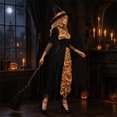 thumbnail image 4 of Witch Costume for Women, Black and Gold Long Dress with Flared Sleeves, Adult Halloween Outfit for Costume Party and Stage Performance, Black and Gold, Size L, 4 of 6