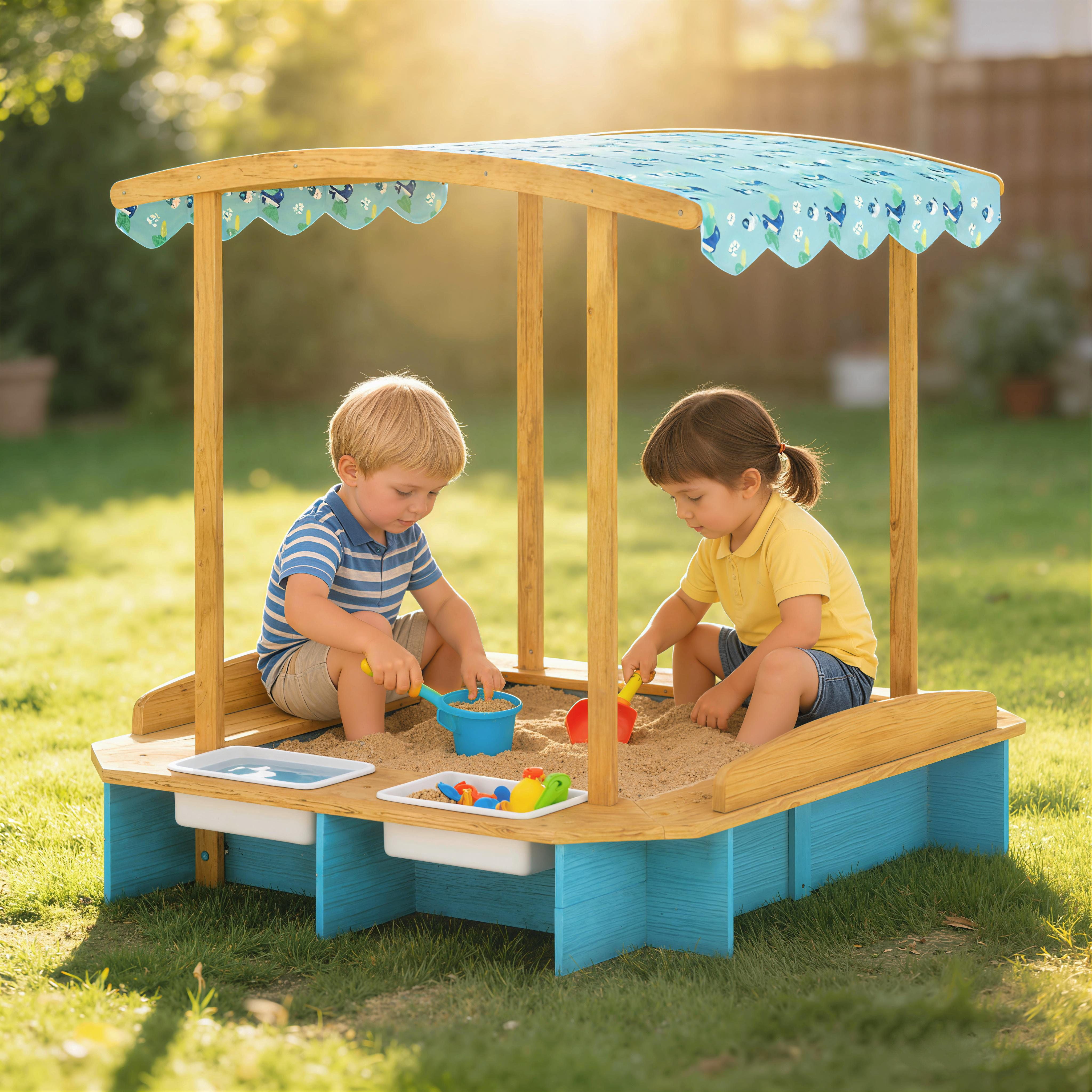 Wooden Kids Sandbox with Dinosaur Print Canopy, 3-Sided Bench Seats for 6 Children, Removable Storage Boxes Bottom Liner Fir Wood Outdoor Sand Play Pit for Backyard Ages 3-6 Blue