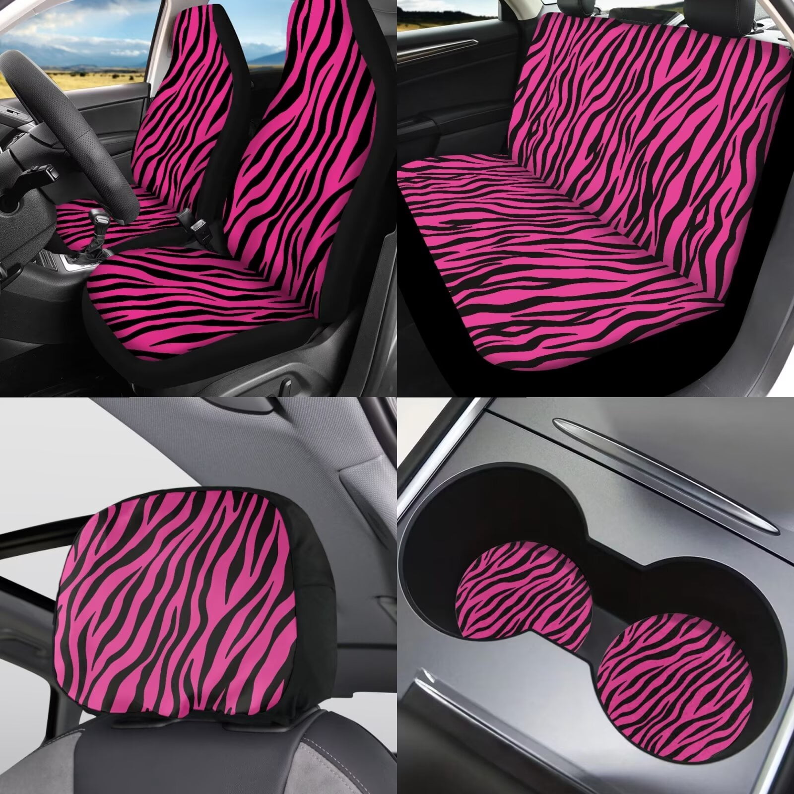 Garronmavis Pink Zebra Stripe Car Seat Cover Full Set of 11pcs with Headrest Protector Lanyards Key Chain Cup Pad Gear Shift Knob and Handbrake Sleeve Automotive Seat Cover Accessories