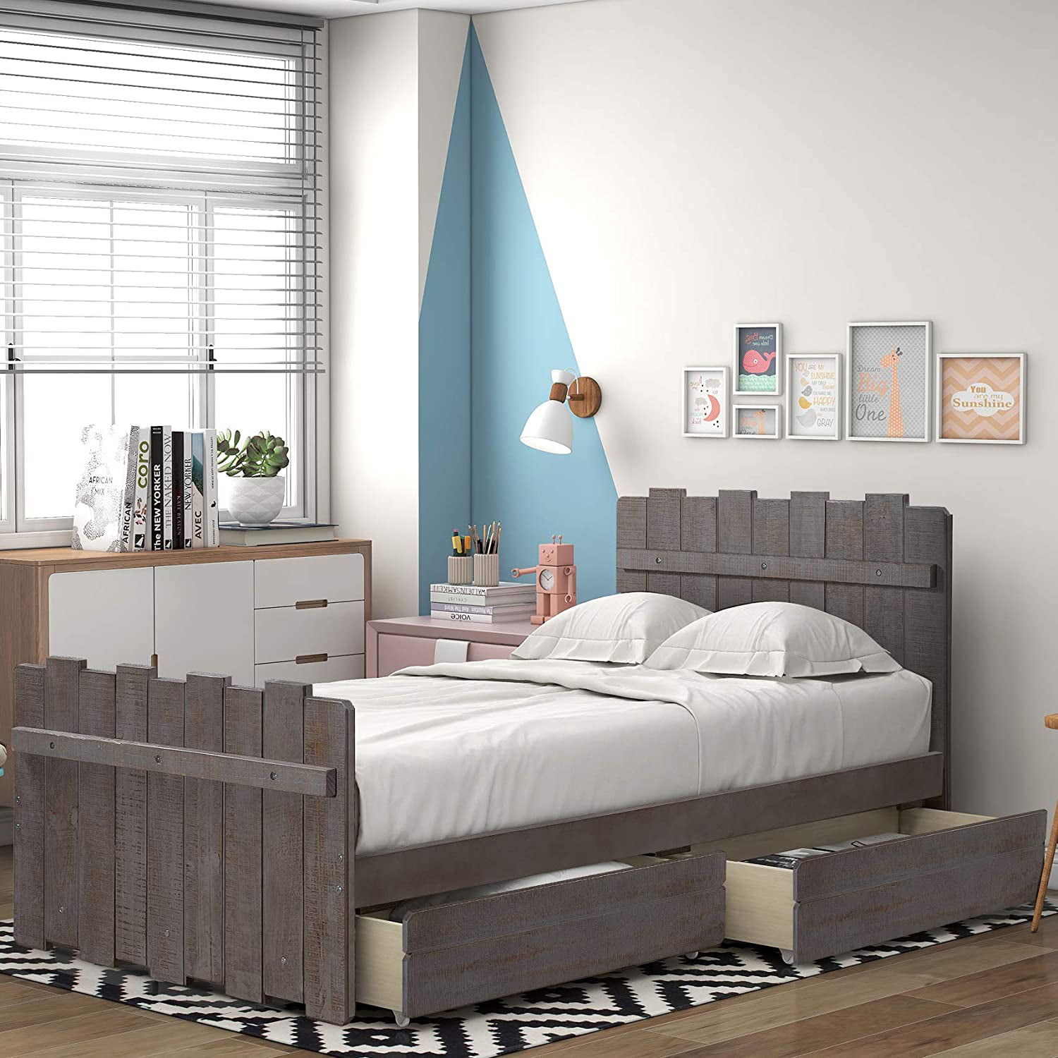 Drawers Rustic Style Twin Bed Frame, Distressed Gray Wood Headboard