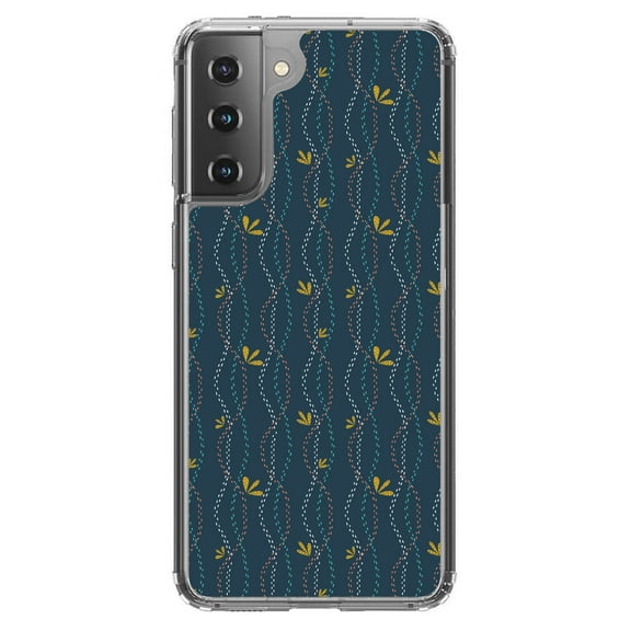 DistinctInk Clear Shockproof Hybrid Case for Galaxy S21 5G (6.2" Screen) - TPU Bumper, Acrylic Back, Tempered Glass Screen Protector - Modern Floral - Wavy, Navy, Pink, Teal