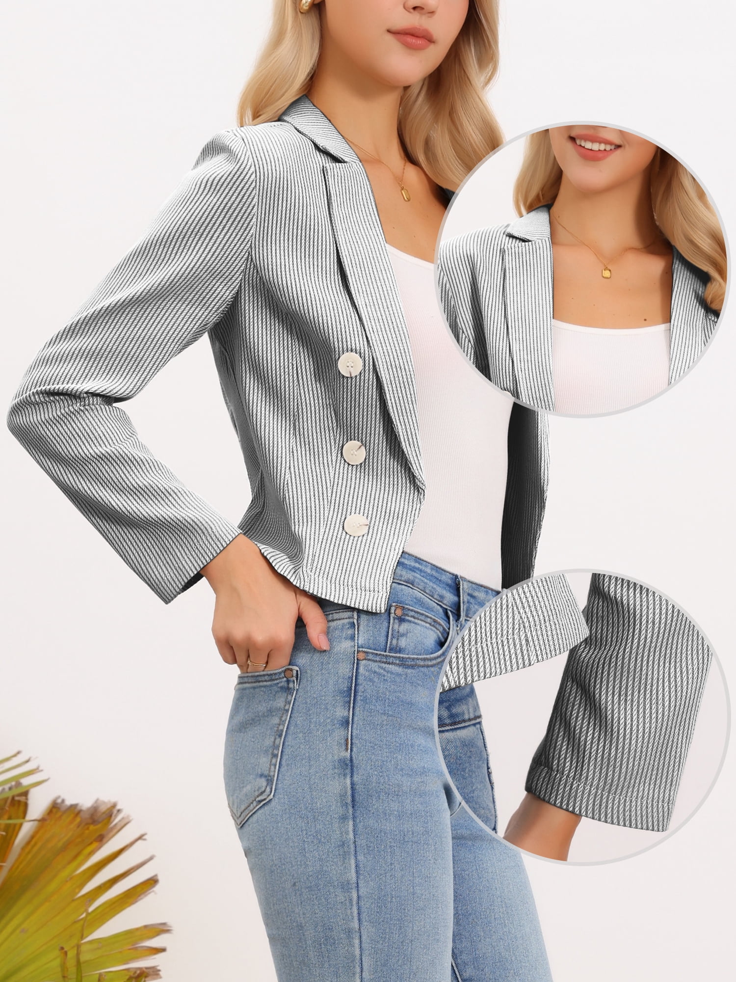 DARING DIVA Women's Dressy Notch Lapel Open Front Striped Suit Blazer S Black